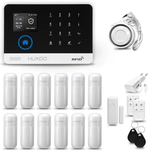 HUXGO® HXA003 Alarmanlage Haus WiFi + GSM 4G mit Sirene | Tuya Smartlife App | Alarm System mit Drahtloser Fenstersensor, 12x Bewegungsmelder | Alarmanlage für Wohnung, Garage
