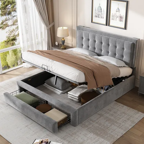 Polsterbett 140x200 cm mit Lattenrost und Bettkasten - Grau - Elegantes Polsterbett mit höhenverstellbarem Kopfteil und praktischem Stauraum. Ideal für Schlafzimmer, bietet Stabilität und modernen Komfort.