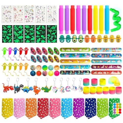 PUWOWYE Kindergeburtstag Mitgebsel Set, 100 PCS Pinata Kindergeburtstag Gastgeschenke Dino Einhorn Schatztruhe, Gastgeschenke Kinder für Mädchen Jungen für Schülerbelohnung, Party Give Aways