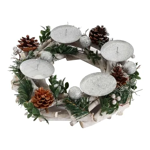 Adventskranz HWC-M12, Adventsgesteck Tischkranz Weihnachtsdeko Tischdeko Holz Silber weiß Ø 30cm - ohne Kerzen