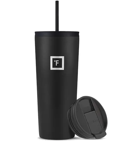 IRON °FLASK Classic Tumbler 2.0 – 2 Deckel (Straw Flip), vakuumisolierte Edelstahl-Wasserflasche, doppelwandig, Trinkbecher, Reisebecher – Mitternachtsschwarz, 24 oz
