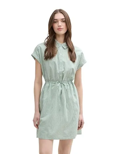 TOM TAILOR Denim Mini-Blusenkleid mit Streifenmuster in Grün XXL - Kleider: Leichtes Sommerkleid aus 100% Baumwolle, mit elastischem Bund für perfekten Sitz und Kentkragen für einen lässigen Look.