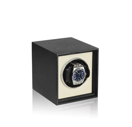 MODALO Twist Uhrenbeweger Automatik für 1 Uhr/Watch Winder – leiser Motor, 900 TPD, Massivholz & Leder, Kratzfeste Oberfläche, für Herren und Damen (Mattschwarz Beige)