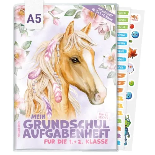 Häfft Lernfreunde Hausaufgabenheft Grundschule A5 1 + 2 Klasse ohne Datum | inkl. Schutzhülle, Sticker, Stundenplan, Mitteilungsfelder