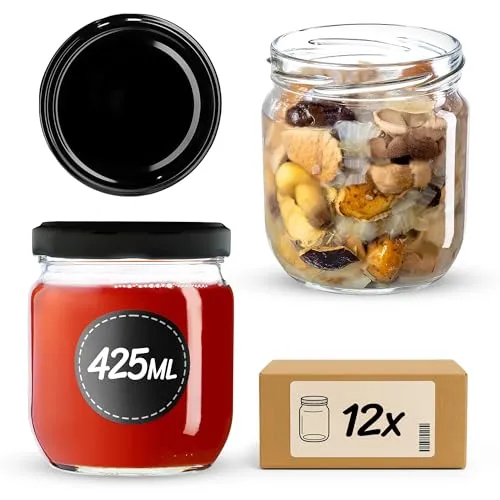 KADAX 12st Einmachgläser 425ml mit Schraubdeckel fi82 mm für Einlegen, Einmachen, Konservieren und Mahlzeitenvorbereitung - Luftdichte Twist-off Gläser (Schwarz/12 St.)