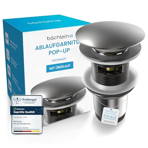 Bächlein Universal Ablaufgarnitur mit Überlauf (Anthrazit) - Pop Up Ventil für Waschbecken und Waschtisch – Ablaufventil Abflussgarnitur aus Messing mit Einbauanleitung