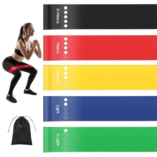 Fitnessbänder, 5er Gummiband Sport, Widerstandsbänder mit 5 Stufen, Fitness Gymnastikbänder Set Naturlatex Widerstandsstufen für Muskelaufbau Pilates Yoga und Fitness