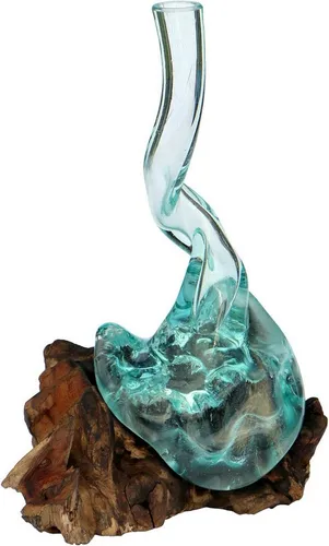 Wogeka Dekovase aus gedrehtem Glas und Wurzelholz - Einzigartige Dekovase aus handgefertigtem Glas und Teakholz, ideal für stilvolle Akzente in jedem Raum. Jedes Stück ist ein Unikat mit harmonischem Design.