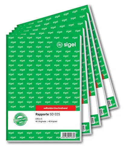 SIGEL SD025/5 Rapport A5 - 5er Pack, selbstdurchschreibend - Personalformulare für Bau und Handwerk, mit 40 Originalen und 40 Kopien, mikroperforiert für einfaches Abtrennen und aus nachhaltigem Papier.