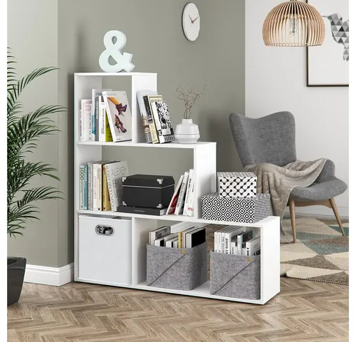 Vicco Raumteiler Weiß, 116 x 123 cm - Freistehend - Raumteiler-Regal mit 4 offenen Ablagen, ideal als Raumtrenner oder Bücherregal. Ästhetisches leiterförmiges Design für harmonisches Wohnen.
