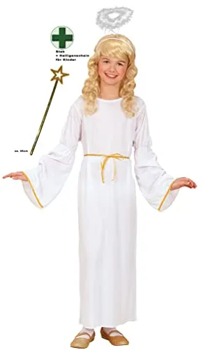 Karneval-Klamotten Engelskostüm Kinder Engel Kostüm Kinder Weihnachtsengel weiß-Gold lang MIT Heiligenschein Stab Kinderkostüm Mädchen Weihnachten