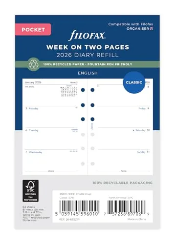 Taschenkalender 26-68221R, 1 Woche auf zwei Seiten, englisches Recyclingpapier, 2026
