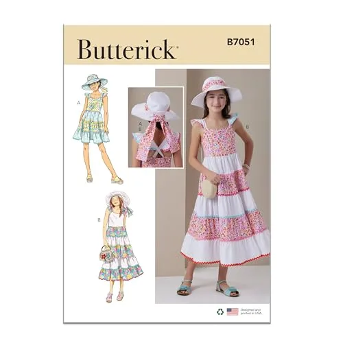 Butterick Schnittmuster B7051A Mädchenkleid in zwei Längen und Hut in drei Größen A (7-8-10-12-14)