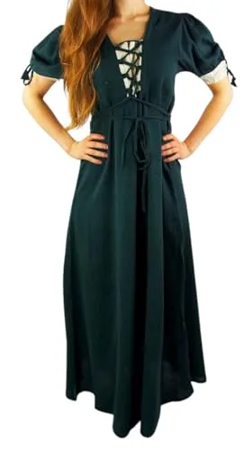Leonardo Carbone® Damen Kleid Sommerkleid | V-Ausschnitt Mit Schnürung | Weit Schwingender Rock | Karneval, Halloween, Cosplay, LARP, Mittelalter, Wikinger | 100% Baumwolle Grün/Natur L