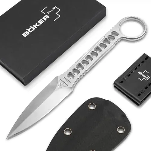 BÖKER PLUS® Voodoo - kleines feststehendes EDC Messer mit 440C Griff - hochwertiges Gürtelmesser mit 440C Klinge - Messer mit feststehender Klinge unter 12 cm mit Kydex Scheide, Silber