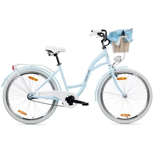Goetze Style 26 Zoll Damen Citybike, 17 Zoll Tiefeinsteiger Rahmen, 1-Gang Rücktrittbremse, V-Bremse vorne, LED-Beleuchtung, Gepäckträger, Rattankorb, Komfortsattel, mit Ständer & Klingel