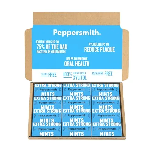 Peppersmith - Extra starke zuckerfreie Pfefferminzbonbons - 100% pflanzliches Xylitol - natürlicher Süßstoff Eukalyptus - erfrischt den Atem - fördert die Mundgesundheit - Taschenpackungen - 12 x 15g