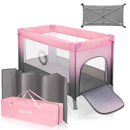 LIONELO Stefi Baby Laufstall - Sicheres Reisebett in Rosa Ombre - Babybetten mit funktionalen Seitenwänden für optimale Luftzirkulation und einfacher Aufsicht. Mit LockGuard-Sicherungssystem für höchste Sicherheit und praktische Tragetasche.