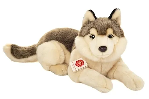 Teddy Hermann 90855 - Liegender Wolf Plüsch 40 cm - Kuscheltiere: Dieser 40 cm große Plüschwolf vereint Wildheit und Sanftmut, ist handgefertigt und lädt zum Kuscheln und Träumen ein. Ein treuer Begleiter für kleine Abenteurer, geprüft auf Sicherheit und Schadstofffreiheit.