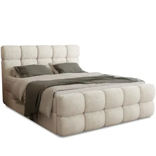 FurniDe24 Boxspringbett mit 2 Bettkästen, Taschenfederkernmatratze und Topper, Gepolstertes Doppelbett mit Kopfteil und Fußteil, Bouclé-Stoff, Polsterbett Leo (Anthology 03, 140 x 200 cm)
