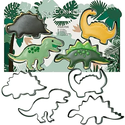 Produktbild ScrapCooking – 4 Ausstechformen Dinosaurier – Keksausstecher aus Metall – Dino-Formen für kleine Kuchen – Zubehör zum Backen Geburtstag Deko Dschungel Tiere – 2085