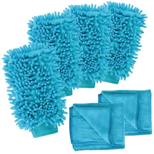 com-four® 6-teiliges Autopflege-Set mit Microfasertuch und Autowaschhandschuh - Mikrofasertuch - Auto-Poliertuch - Autopflege-Tuch (6-teilig - blau 4/2)