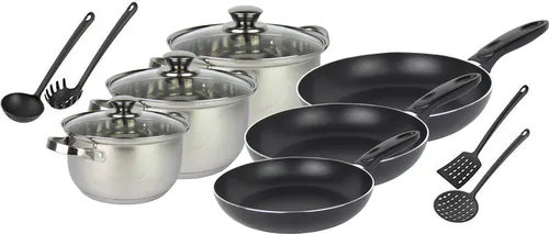 13-tlg. Basic Kochset, Küchen Starterpaket, 6-teiliges Topfset, 3-teiliges Pfannenset, 4-teiliges Küchenhelferset - alle Herdarten außer Induktion