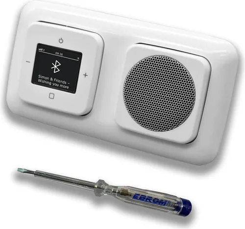 Busch Jäger DAB+ Unterputz Bluetooth (in and out) Radio 8217U-101 Reflex SI alpinweiß, Komplett-Set mit Lautsprecher, Abdeckungen und Rahmen + EBROM Phasenprüfer zur Montage der Geräte - 8217 U – 101