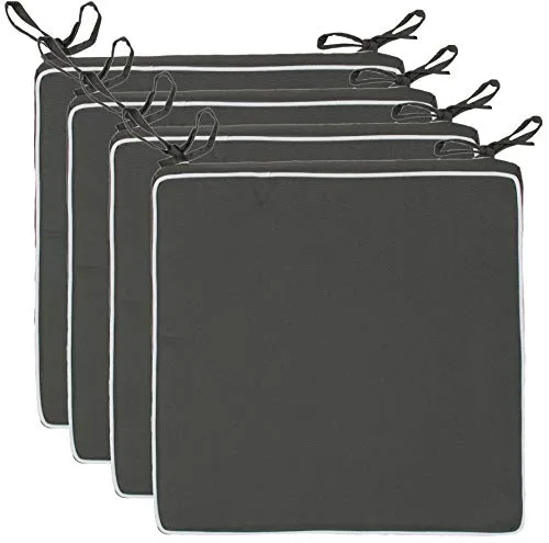 Brandsseller 4er Set Sitzkissen 40x40x4 cm – Wasser- & schmutzabweisende Stuhlkissen mit Bindebändern & Paspel – Für Innen & Außen – Garten, Terrasse, Küche – Anthrazit