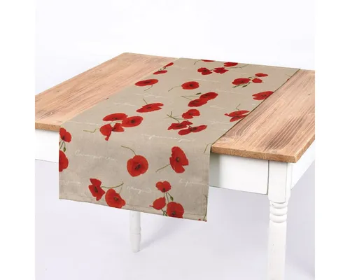 SCHÖNER LEBEN. Tischläufer SCHÖNER LEBEN. Tischläufer Mohnblumen Schriftzug natur rot grün weiß, handmade