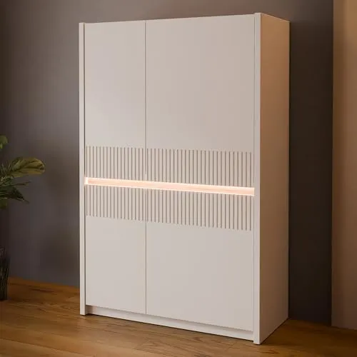 Forte OAK SQUERE Kleiderschrank 90 100 mit Beleuchtung - Eleganter Kleiderschrank mit modernem Lamellendesign und warmer Eiche-Optik. Ideal für strukturierten Stauraum im Schlafzimmer oder Flur. Ein stilvolles Möbelstück für jedes Zuhause.