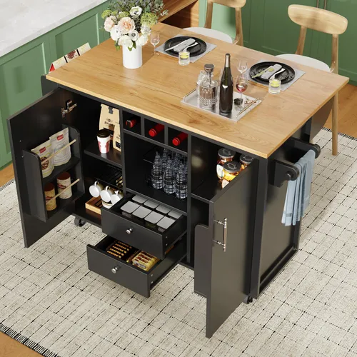 MODFU Kücheninsel mit verstellbaren Einlegeböden,Küchenschrank mit Handtuchhalter,Gewürzregal,Türregal und Weinregal,Beistellschrank mit Rollen und klappbarer Arbeitsplatte,schwarz