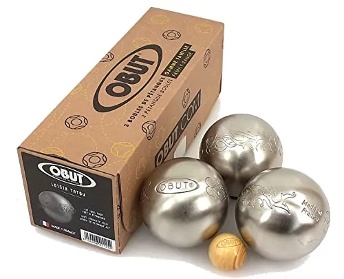 Obut Loisir Inox TATOU 3er Satz Boulekugeln - Boule / Petanque. Hochwertige Silber-Metallic Kugeln im Set, inklusive Beutel und Zielkugel - ideal für Freizeit und Turniere.
