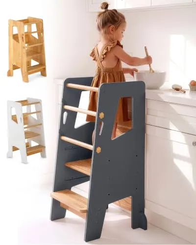 newkids® höhenverstellbarer Lernturm – Montessori Lernturm in Grau, ab 1 Jahr