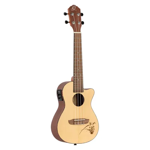 Ortega RU5CE Konzert Ukulele - Konzert-Ukulele mit Fichtendecke und Lasergravur, Mahagonihals und Ortega MagusUke Tonabnehmersystem für perfekten Klang und einfache Handhabung.
