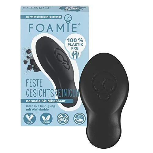Foamie Feste Gesichtsreinigung mit Aktivkohle, 60g - Peeling mit Aktivkohle für porentiefe Reinigung, reduziert Unreinheiten und Entzündungen, dermatologisch getestet und vegan, für bis zu 85 Anwendungen geeignet.