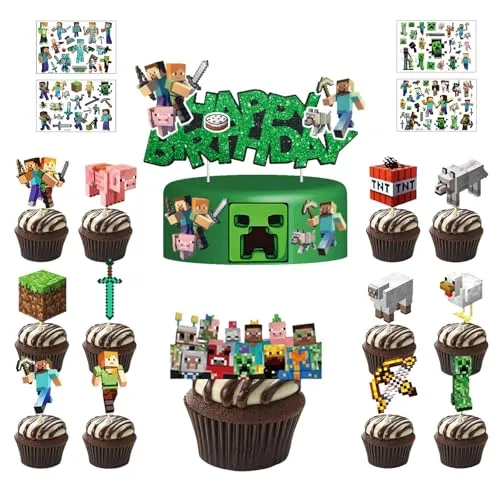 Stück Tortendekoration Cake Topper Set + 4 Blätter Temporäre Tattoos für Kinder, Kuchen Deko, Muffin Deko, Tortenaufleger Cupcake Topper Deko, Kindergeburtstag Party Geburtstag Deko 26