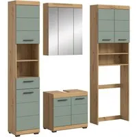 Badmöbel-Set SCHLOONSEE 4-teilig - Komplettes Badmöbel-Set mit Hochschrank, Spiegelschrank und Waschmaschinenumbauschrank in modernem Grün, pflegeleichte MDF Front und hochwertiger Verarbeitung.