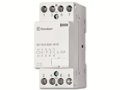 FINDER Installationsschütz 230 V, 32 A, 4 Schließer - Zeitrelais mit brummfreier AC/DC-Ansteuerung und hoher Schaltlast, ideal für anspruchsvolle Installationen und zuverlässige Leistung.