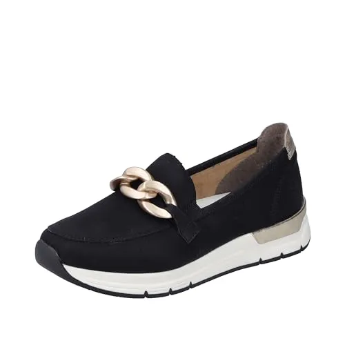 Rieker Damen Slipper Sneaker mit Kette 58944, Größe:37 EU, Farbe:Schwarz - Slipper & Loafer mit modischer Ketten-Applikation, rutschfester Sneaker-Sohle und herausnehmbarer SoftFoam-Innensohle für maximalen Komfort.