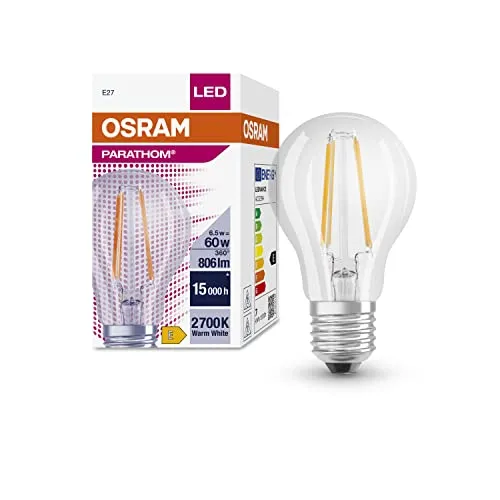 OSRAM LED-Lampen mit E27 Sockel | klassische Kolbenform, klar filament, energiesparend, 60W-Ersatz, warm weiß, Lebensdauer (15.000H) | PARATHOM CLASSIC A 60 CL 6.5 W/2700 K E27 FIL