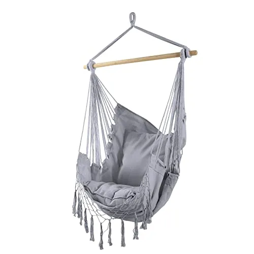 Rebecca Mobili Gepolsterter Hängesessel in Grau - Hängesessel für Innen- und Außenbereich, mit zwei bequemen Kissen für maximalen Komfort und Entspannung nach einem langen Tag. Ideal für Garten, Balkon oder Wohnzimmer.