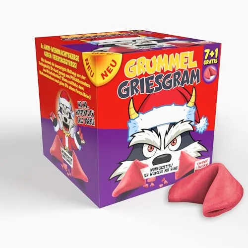 Grummel Griesgram Anti-Weihnachten Designbox – rote Glückskekse mit frechen Sprüchen | Ironische Weihnachtskekse als Geschenk & Party-Hit | Made in Germany | Limited Edition (1er Pack, 8, Stück)