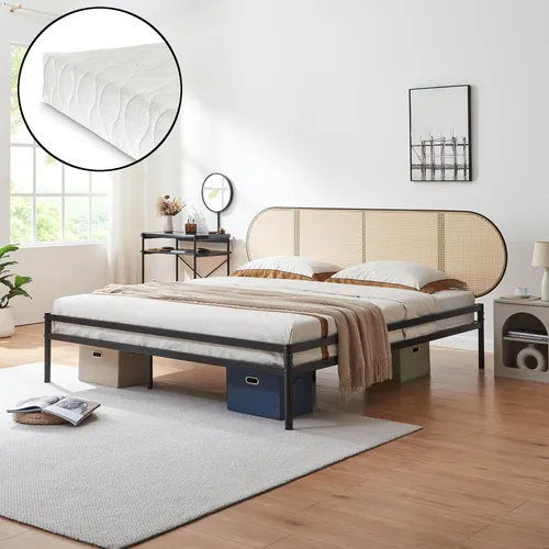 [en.casa] Bett Linköping 180 x 200 cm mit Matratze - Doppelbett aus robustem Metall mit dekorativem Rattan-Kopfteil, max. 300 kg belastbar, inklusive Matratze für sofortigen Schlafkomfort.