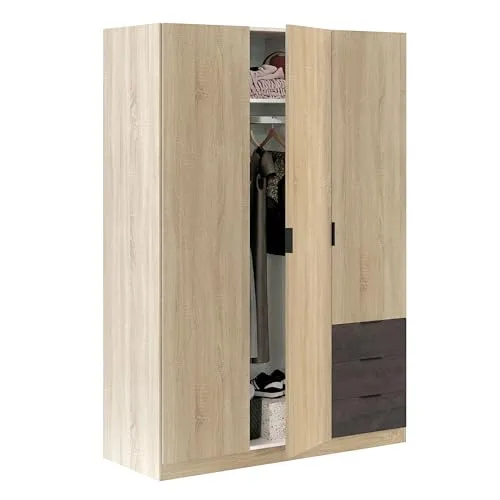 Habitdesign LC0323F Kleiderschrank - Moderner Kleiderschrank im industriellen Stil mit drei Türen und drei Schubladen, ideal für maximale Textilaufbewahrung und optimalen Stauraum.