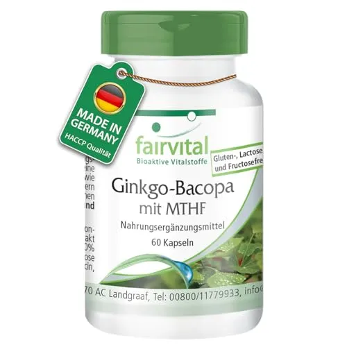 Fairvital | Ginkgo-Bacopa mit MTHF - 60 Kapseln - mit Ginkgo Biloba, Bacopa Monnieri und Methylfolat (bioaktive Folsäure) - qualitätsgeprüft und hochdosiert - 100% vegan - Made in Germany