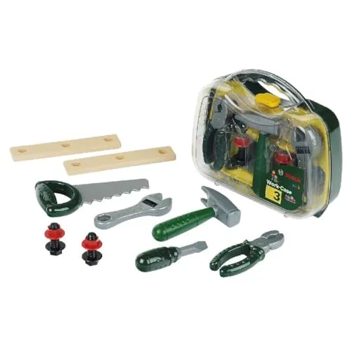 Theo Klein 8465 Bosch Werkzeugkoffer - Umfangreiches Spielzeug für kleine Handwerker - Kunststoffspielzeug mit robustem Koffer und umfangreichem Zubehör wie Hammer, Säge und Zange für kreatives Rollenspiel und motorische Förderung.