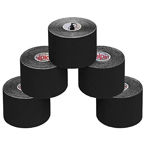 ALPIDEX 5 Rollen Kinesiologie Tape 5m x 5cm Viele Farben Anwendungsbroschüre Elastisch Wasserfest Hautfreundlich Physio Muskel Tape Set, Farbe:schwarz