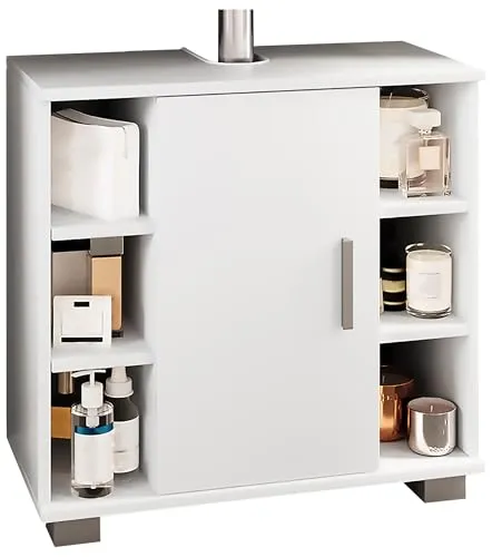 VCM Holz Waschbeckenunterschrank Zalo M Weiß - Unterschrank für das Bad mit 1 Drehtür und 6 offenen Regalfächern, ideal für Stauraum und modernes Design. Maße: H. 58 x B. 60 x T. 30 cm.