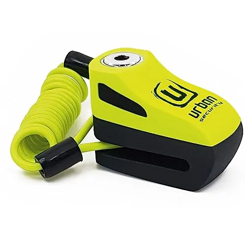 URBAN UR955Y Bremsscheibenschloss mit Erinnerungskabel - Motorradschloss mit kompaktem Klicksystem für einfaches Verriegeln, auffälliger gelber Farbe zur Diebstahlschutz und robustem Metallgusskörper. Ideal für Motorrad, Scooter und Fahrrad.